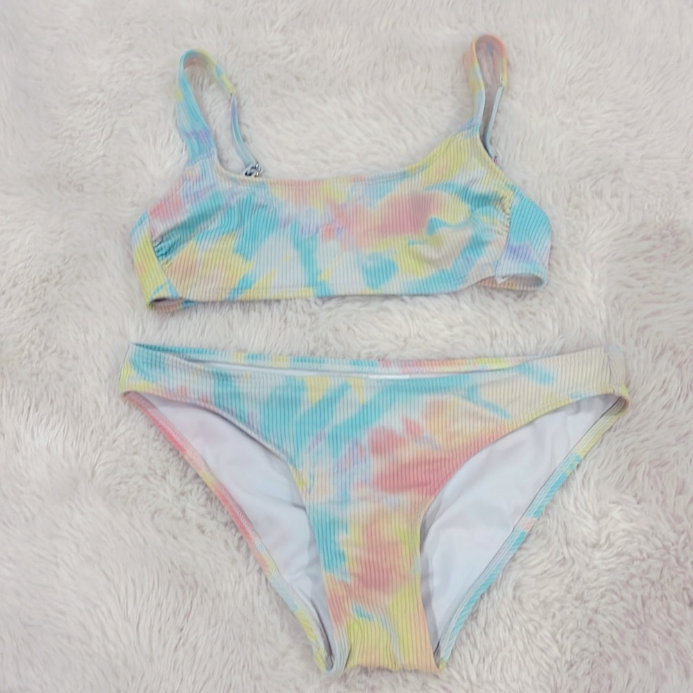 2 Piece Xhilaration Pink, Blue, Yellow, Ribbed Tie Dye Bikini Set